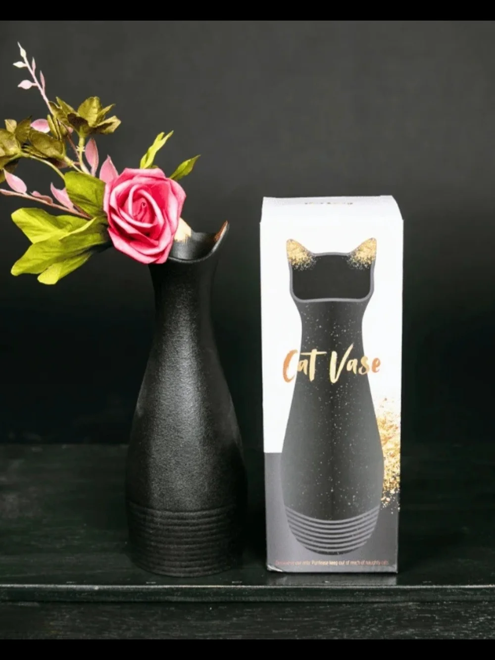 Black Cat Ceramic Vase with Gold Accent